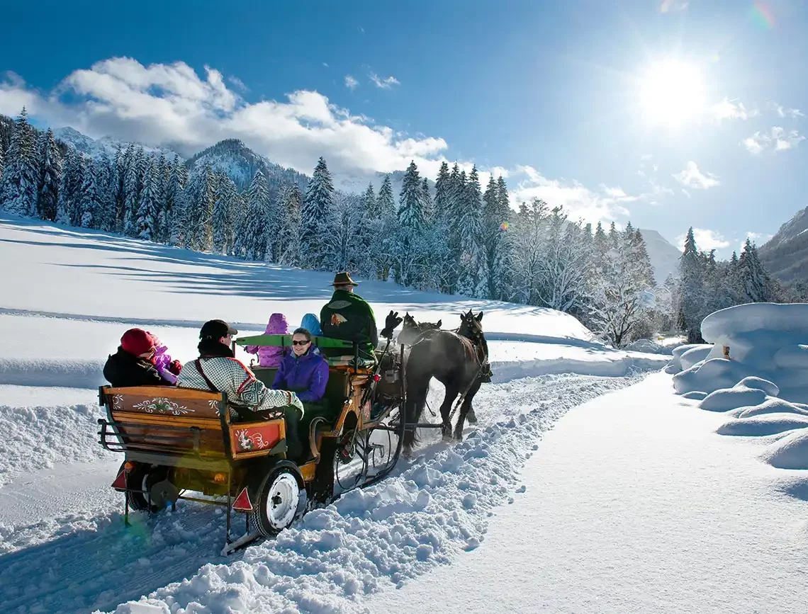 Pferdeschlittenfahrt durch eine verschneite Winterlandschaft bei Sonnenschein.