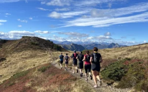 Trail running group on an alpine trail with panoramic views in the Salzburg mountains in the sunshine
