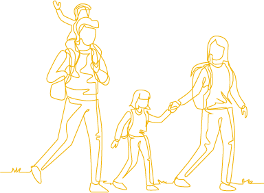 Icon_Sommer_Familie_Wanderurlaub_Apartment_&_Lifestyle_Resort_Hofgut_ Gestileerde lijntekening van een wandelend gezin met twee kinderen - een symbool van gedeelde natuurervaringen en tijd met het gezin op Hofgut Wagrain.