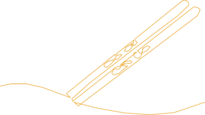Stilisierte Darstellung in goldfarbenen Linien mit zwei parallelen Skiern auf einer geneigten Schneefläche.