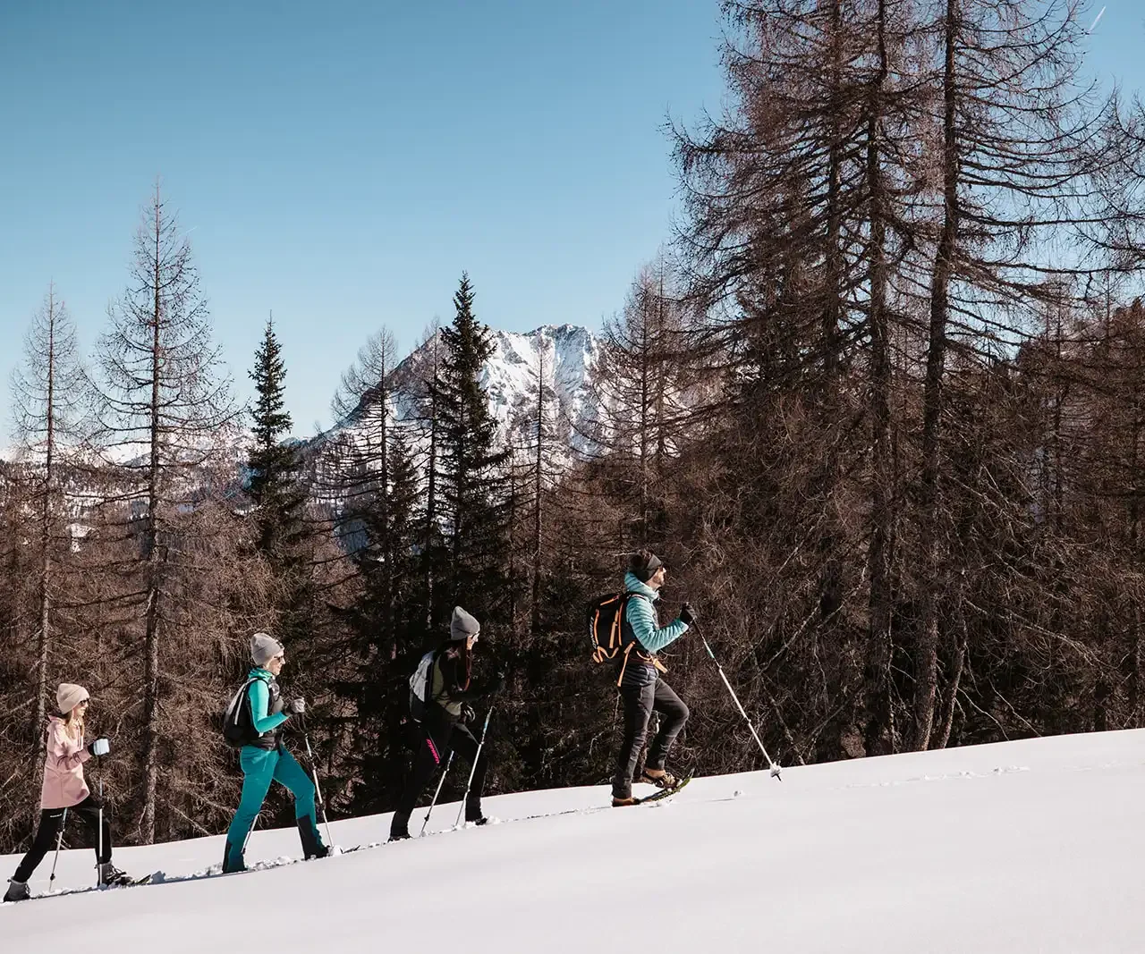 Gruppe beim Schneeschuhwandern durch eine winterliche Berglandschaft mit verschneiten Gipfeln im Hintergrund