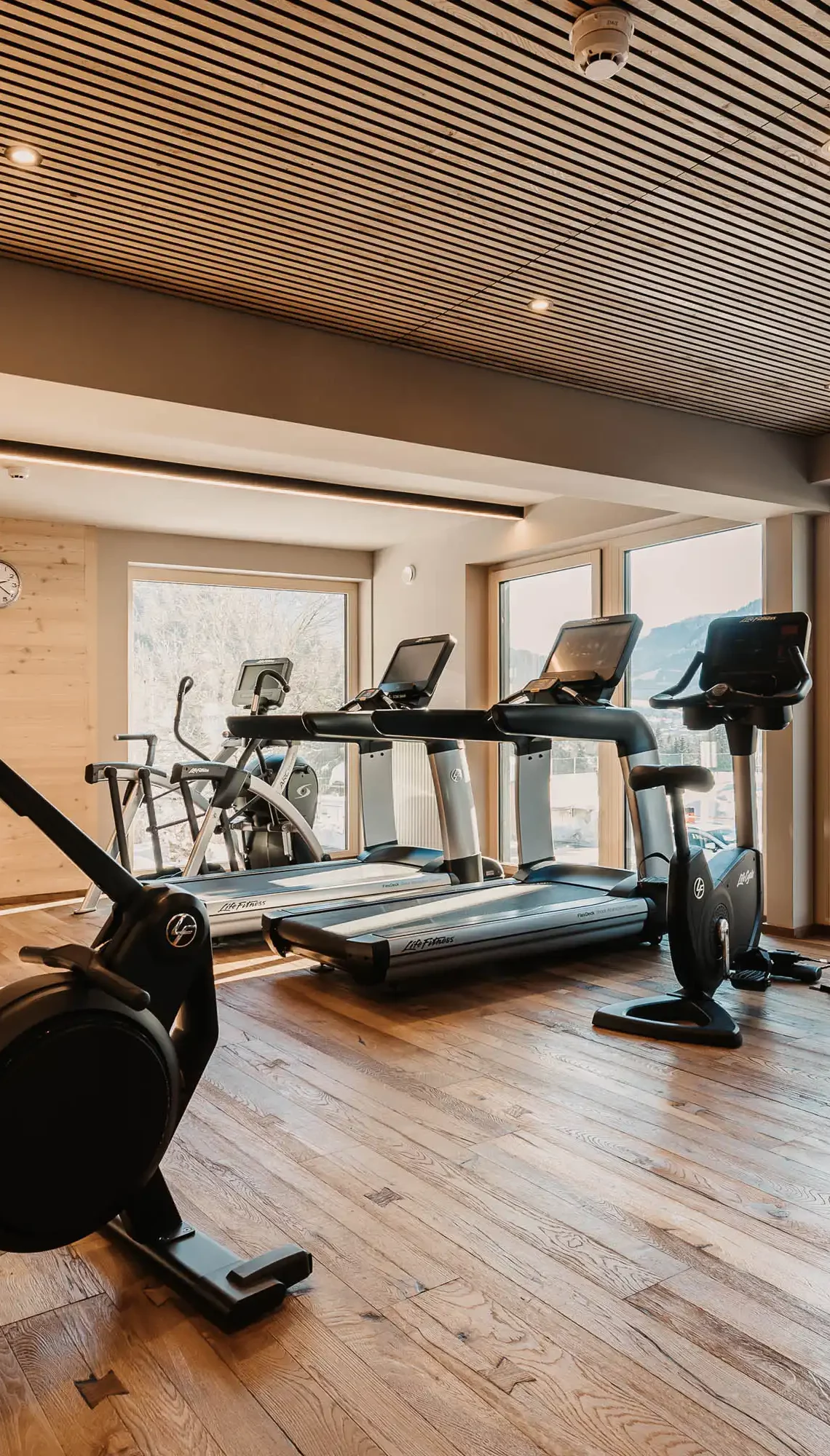 Modernes Fitnessstudio im Hofgut Wagrain mit hochwertigen Geräten, Holzdesign und Blick auf die verschneiten Berge.
