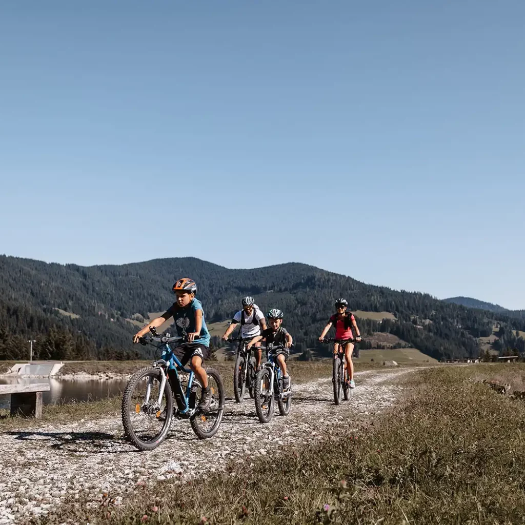 Hofgut©Elisabeth_Fotografie-196 A family rides their bikes on a gravel track through a mountain landscape with lush meadows and forests.