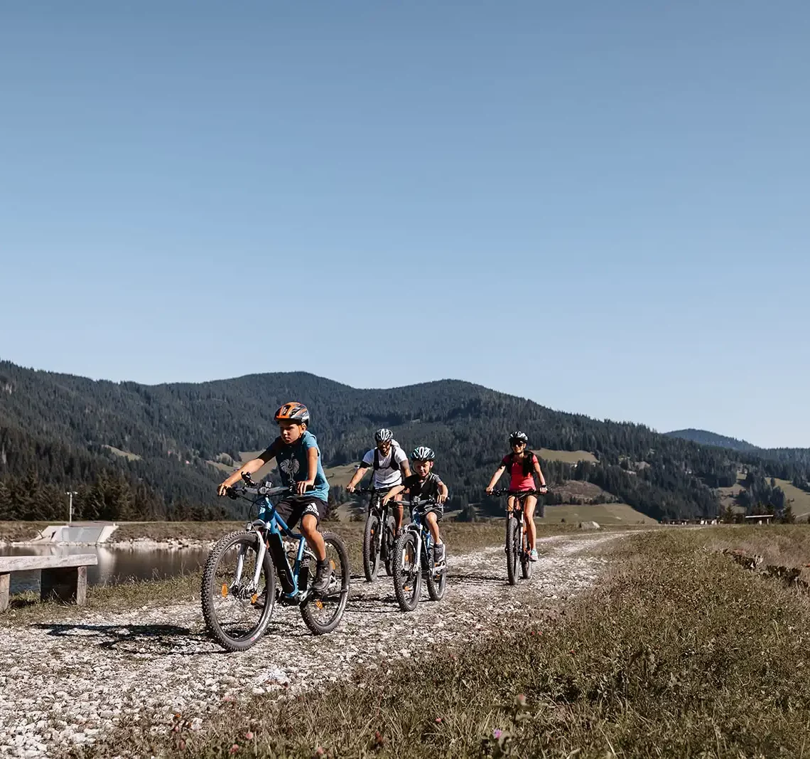 Eine Familie fährt mit Fahrrädern auf einem Schotterweg durch eine Berglandschaft mit üppigen Wiesen und Wäldern.