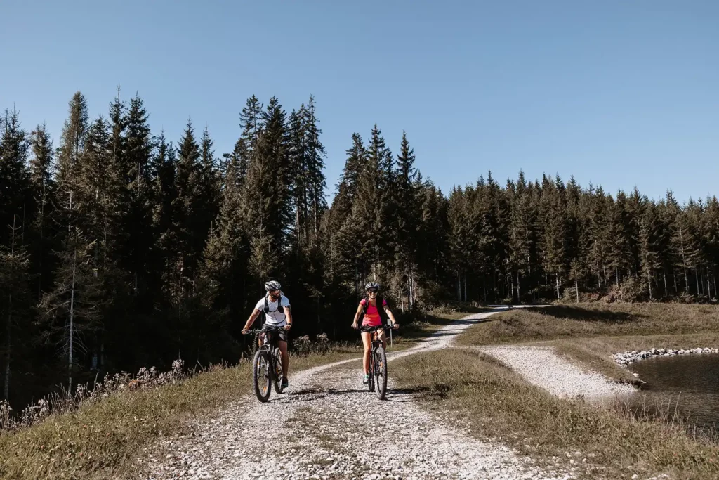 A man and a woman wearing cycle helmets ride along a winding gravel track on mountain bikes, with a dense forest in the background.