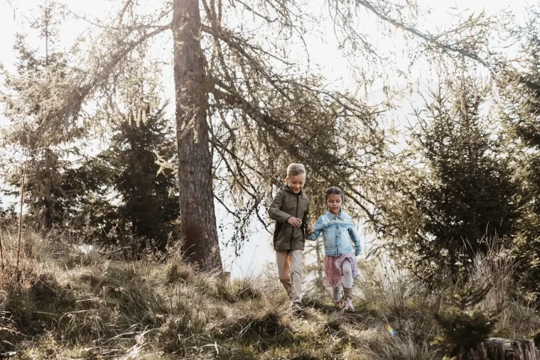 Two children walk hand in hand across a small clearing, the sunlight breaks through the branches and bathes the scene in a warm atmosphere.