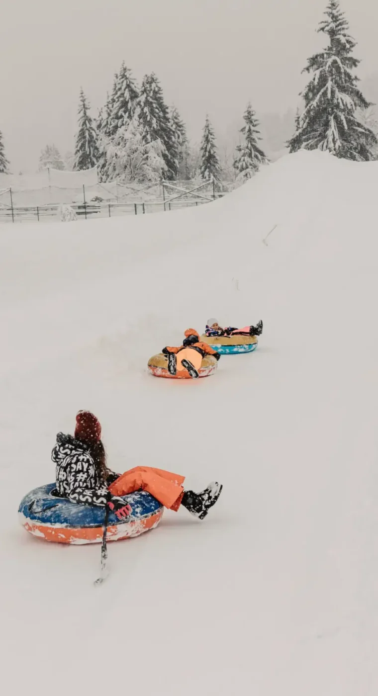 kinder beim snowtubing auf verschneiter bahn am hofgut wagrain
